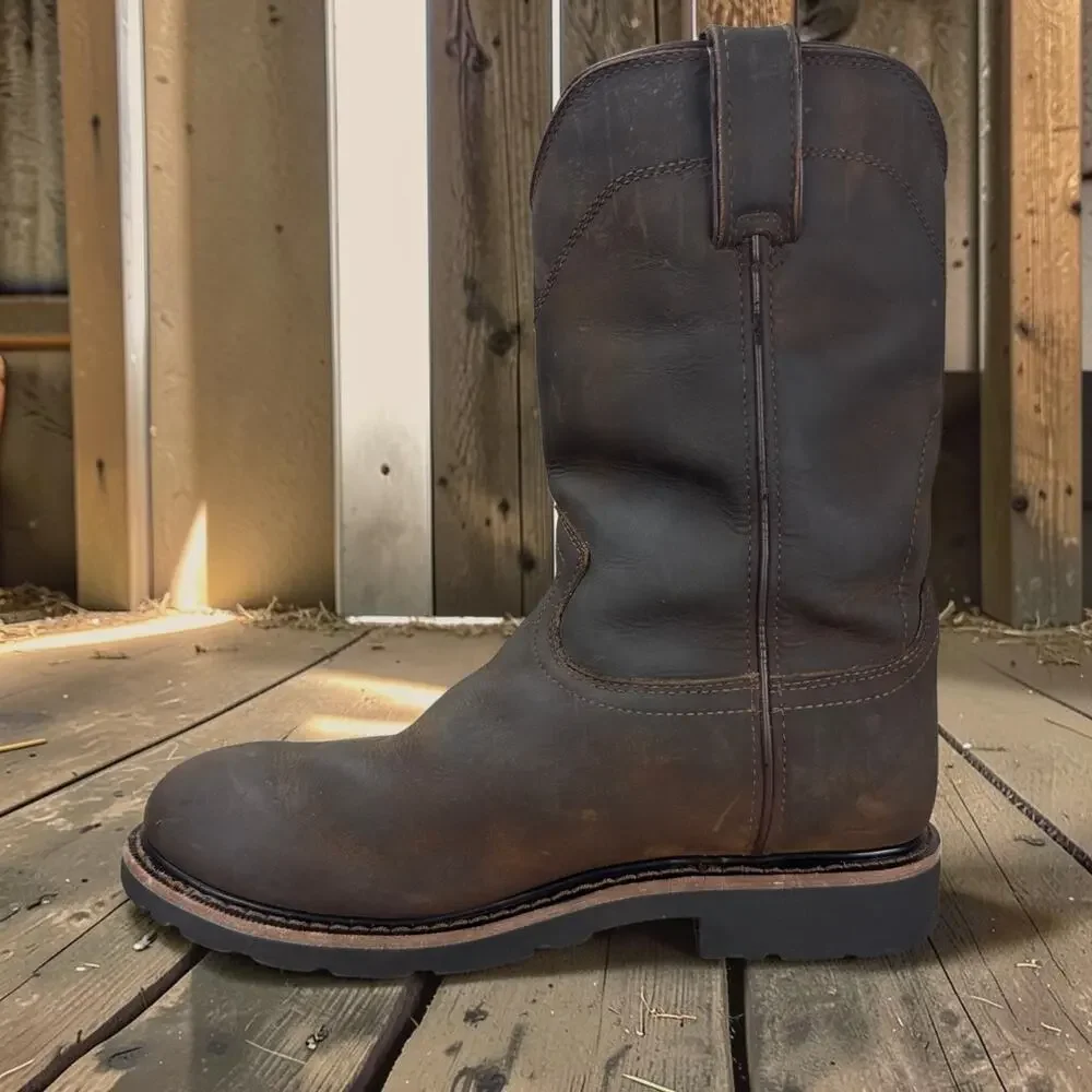 Justin Work Boots Mens 10.5 D Brown Leather Waterproof Western SE4960 Pull On EH